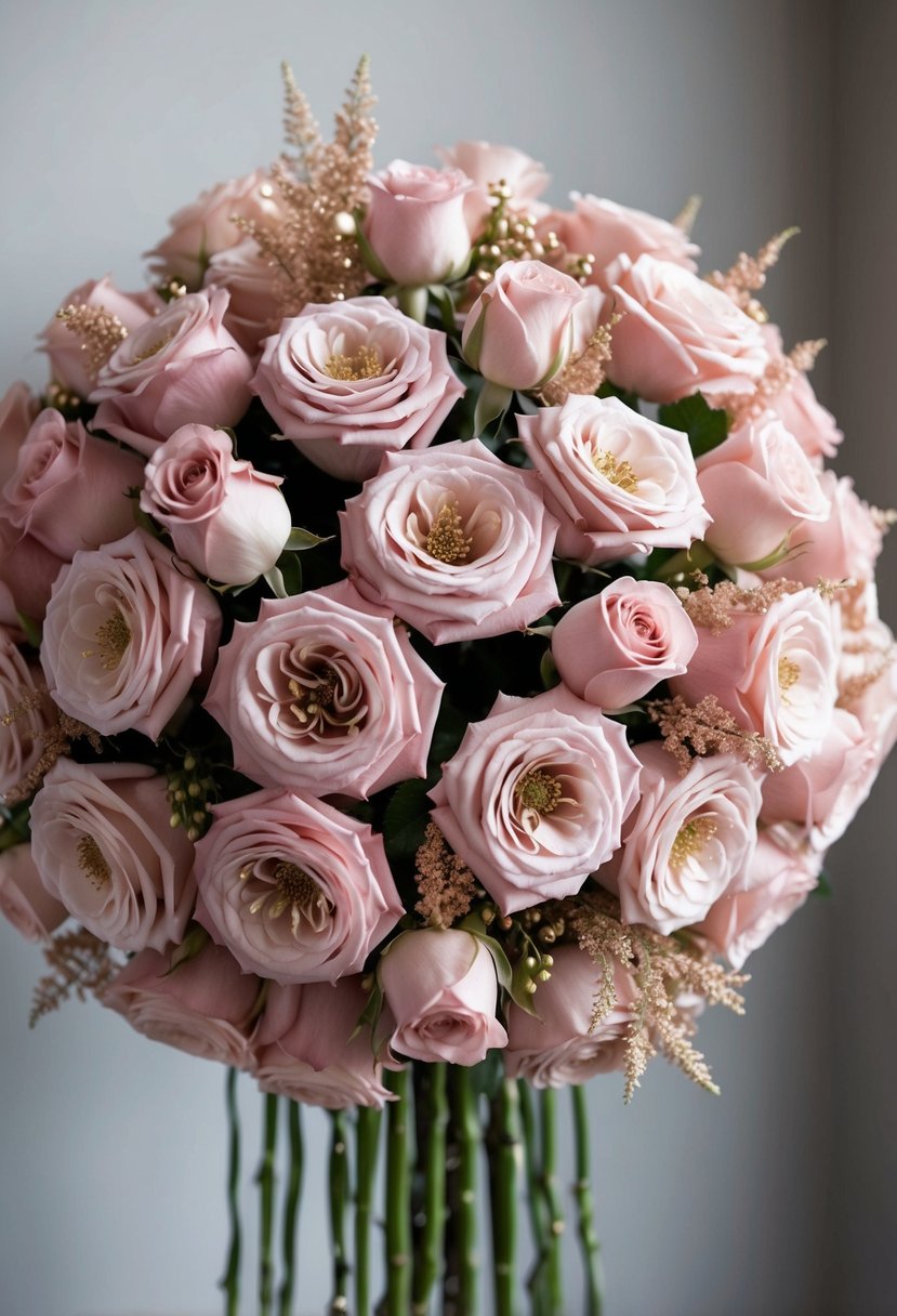 A lavish bouquet of blush-tinted roses with gold accents, arranged in a cascading design