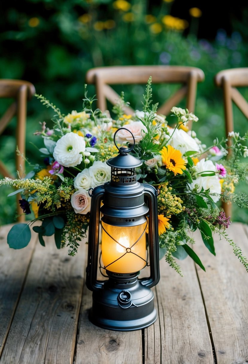 A vintage lantern-style wedding bouquet sits on a rustic wooden table, surrounded by wildflowers and greenery