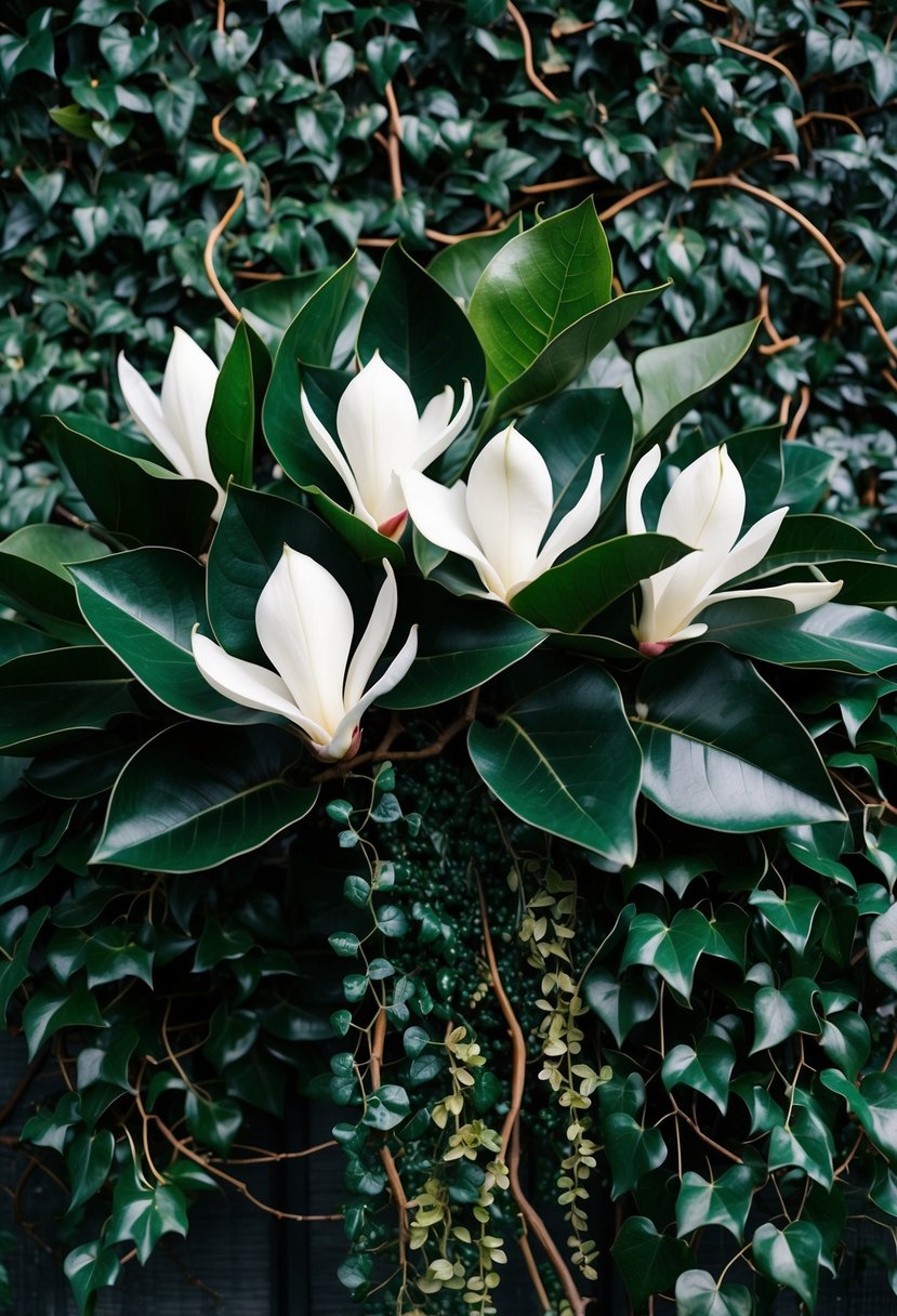 A lush bouquet of dark green magnolia leaves and deep ivy vines intertwined, accented with delicate white magnolia blossoms