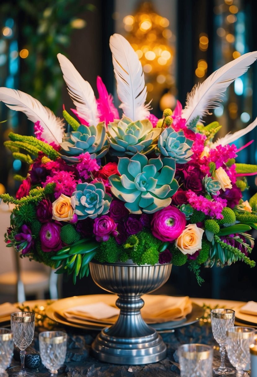 A lush, vibrant bouquet featuring succulents and feathers, arranged in an extravagant and opulent style