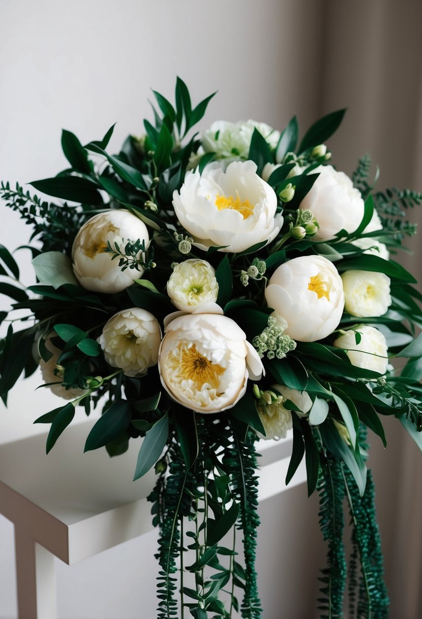 A lush bouquet of emerald and cream peonies, accented with dark green foliage, arranged in a delicate, cascading design