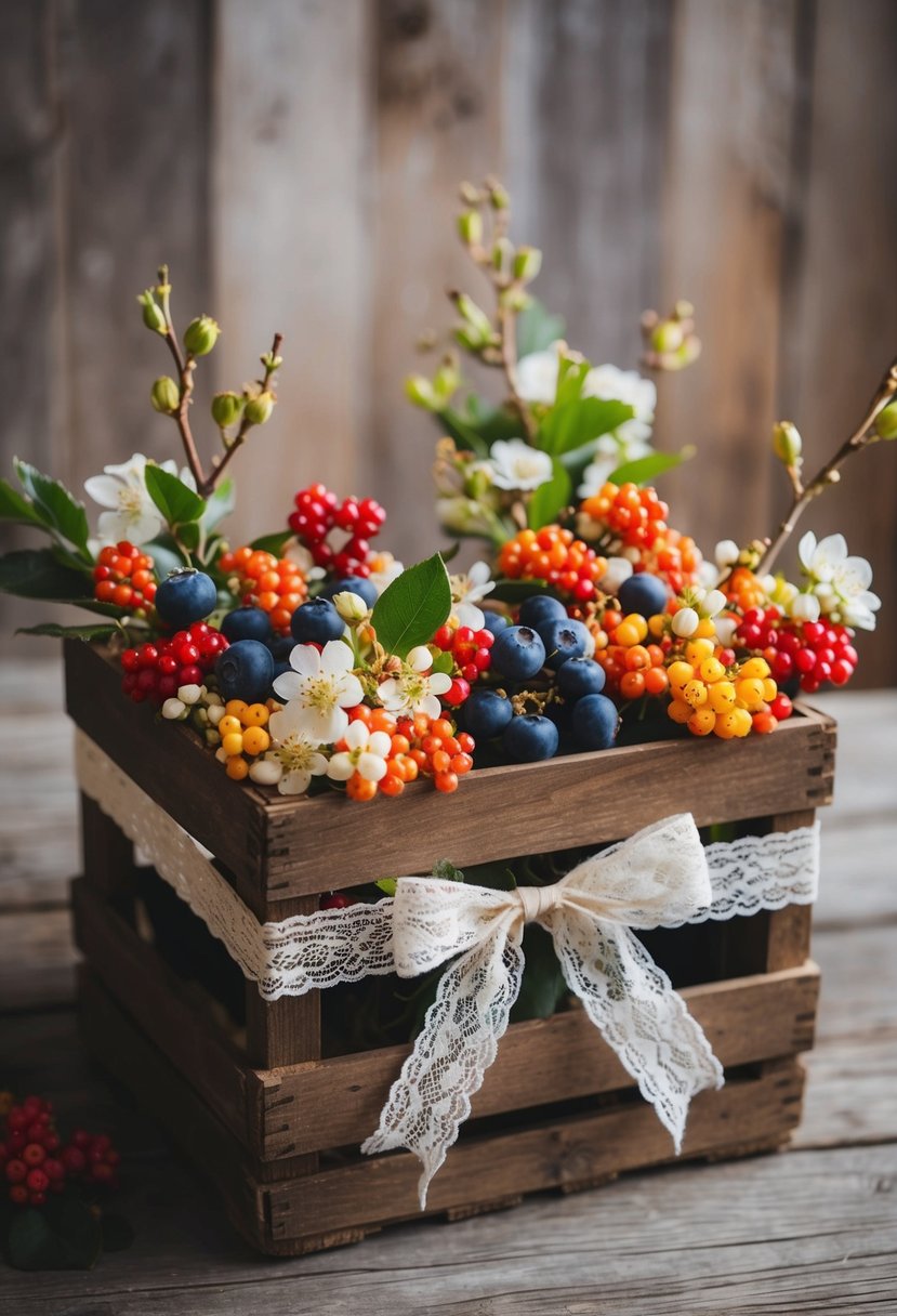 A vintage wooden crate filled with a mix of berry and blossom flowers, tied with a lace ribbon