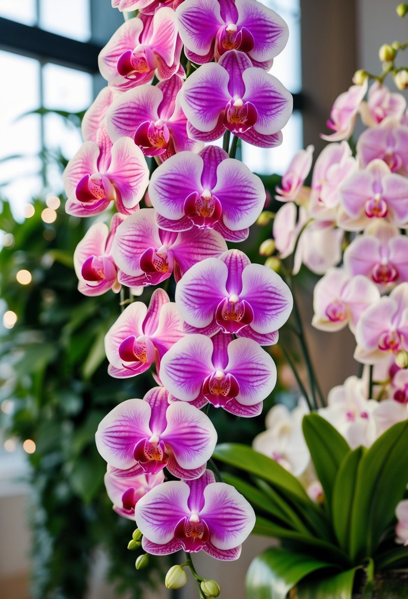 A lush bouquet of cascading pink and white orchids