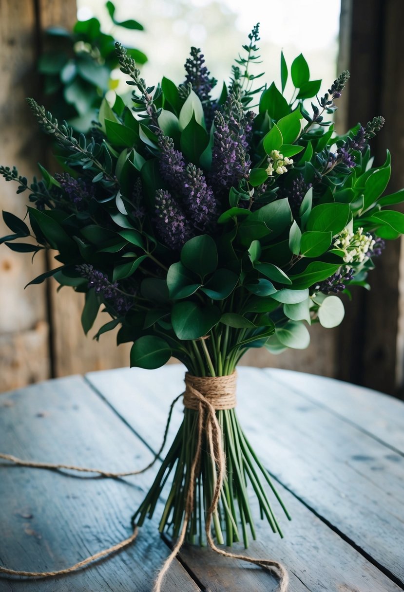 A lush bouquet of dark green foliage and lavender blooms, tied with twine, rests on a weathered wooden table