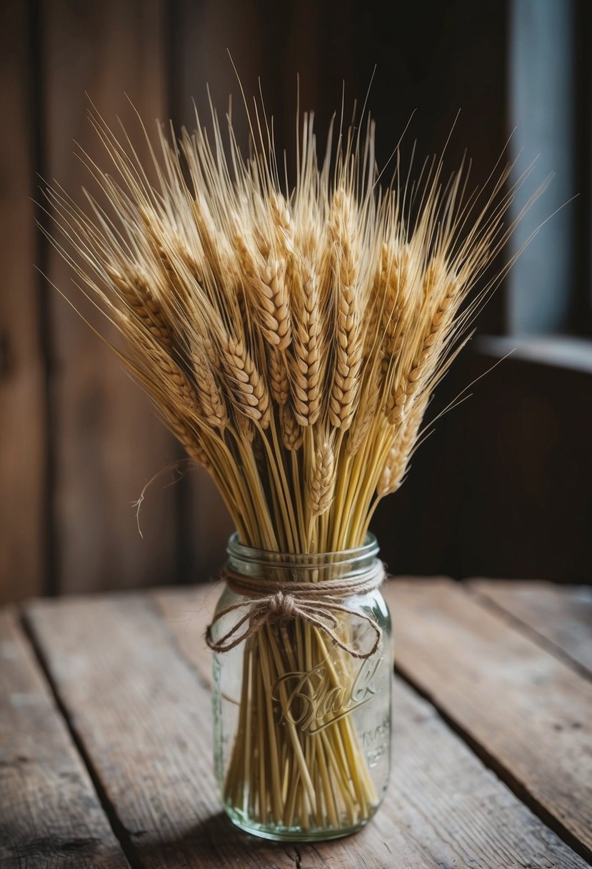 A charming bouquet of wheat stems, tied with twine, sits in a vintage mason jar on a rustic wooden table