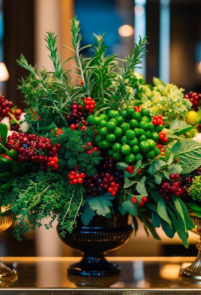 A lush bouquet of fresh herbs and vibrant berries arranged in an elegant display