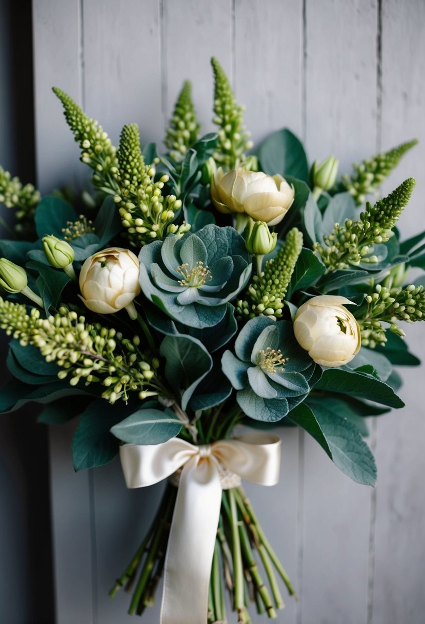 A lush bouquet of dark green sage blossoms and champagne-colored flowers, tied with a satin ribbon