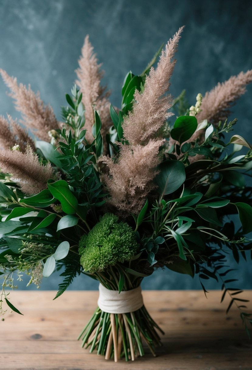 A vibrant bouquet of dusty miller and dark greenery, bursting with lush foliage and an elegant, natural feel