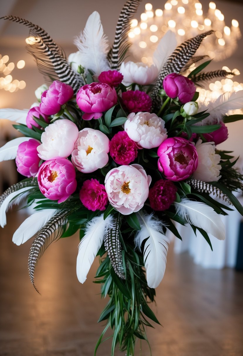 A lavish bouquet of peonies and feathers arranged in a cascading design