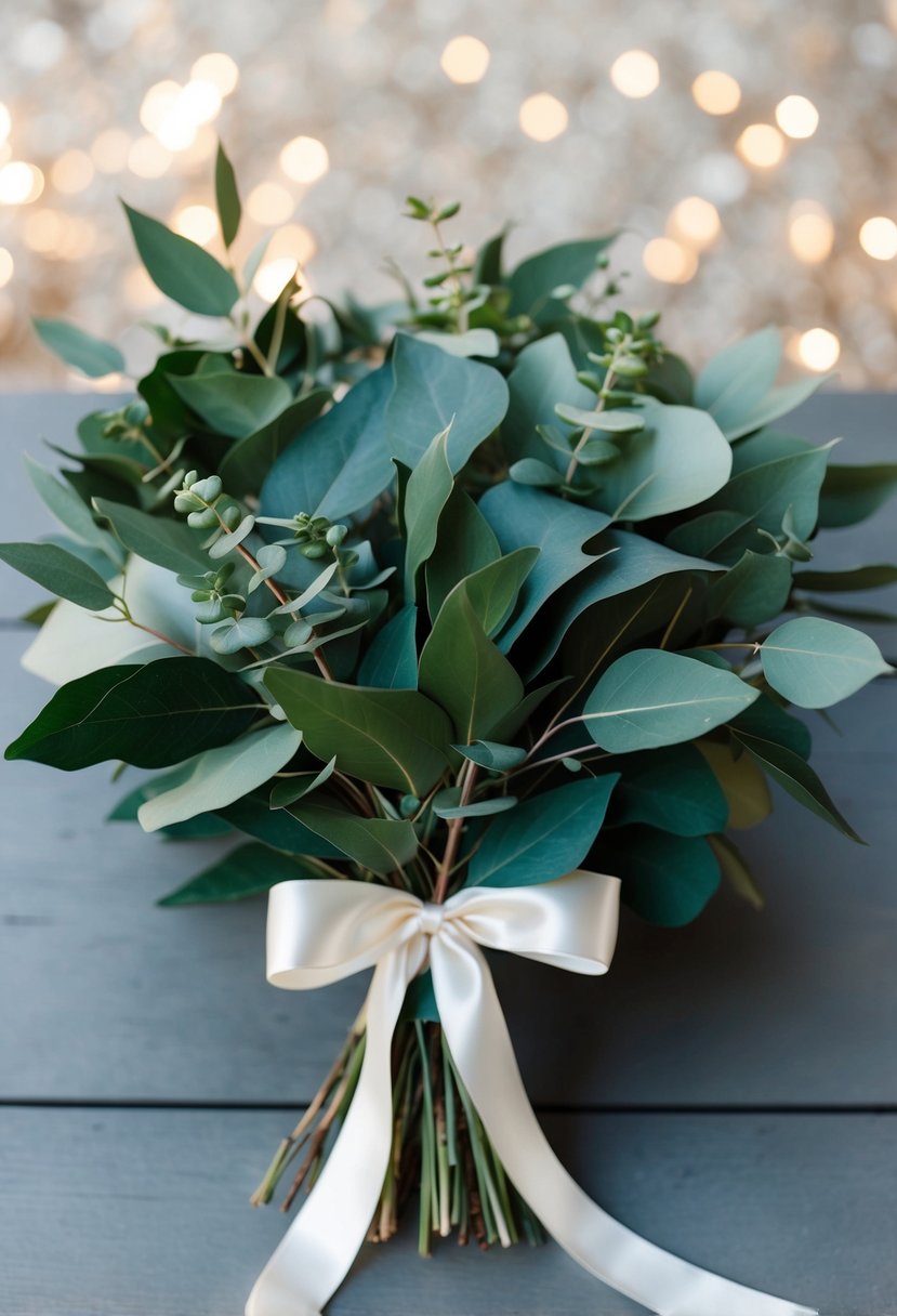 A lush bouquet of dark green eucalyptus and bay leaves, tied with a satin ribbon