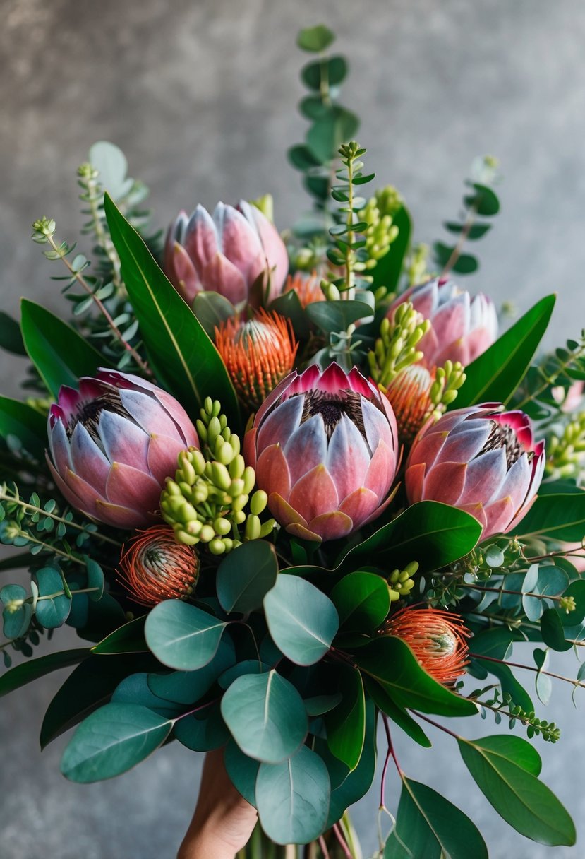 A lush bouquet of vibrant proteas and eucalyptus leaves, bursting with color and texture