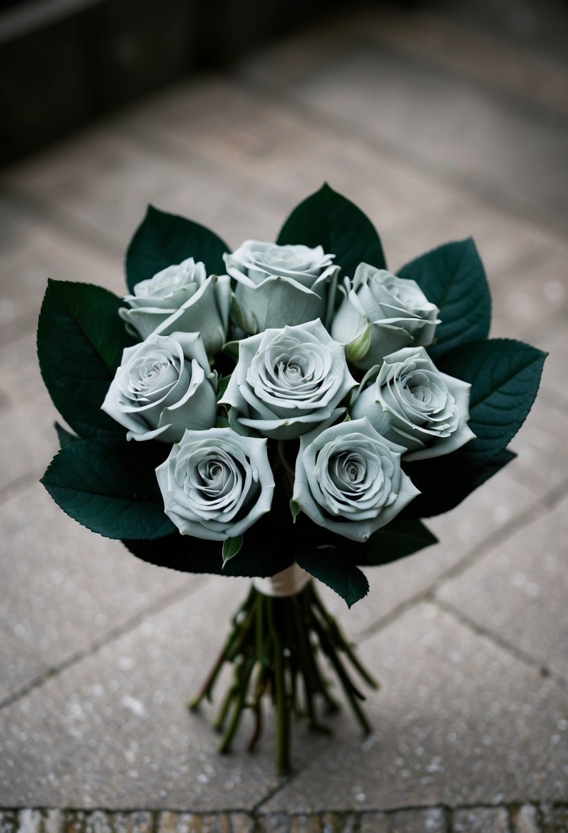 A bouquet of sage roses with dark green leaves