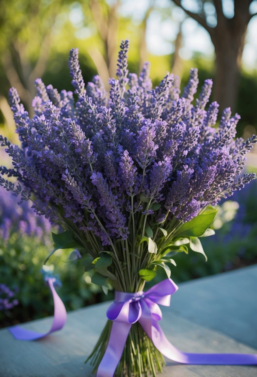 A lush bouquet of lavender blooms tied with silk ribbons