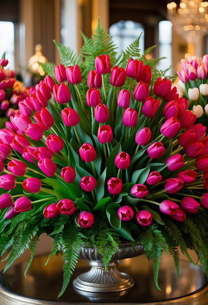 A lush bouquet of vibrant tulips and ferns arranged in an extravagant display