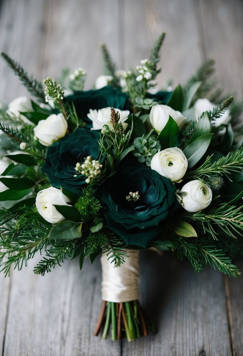 A lush, dark green wedding bouquet adorned with delicate white flowers and evergreen accents