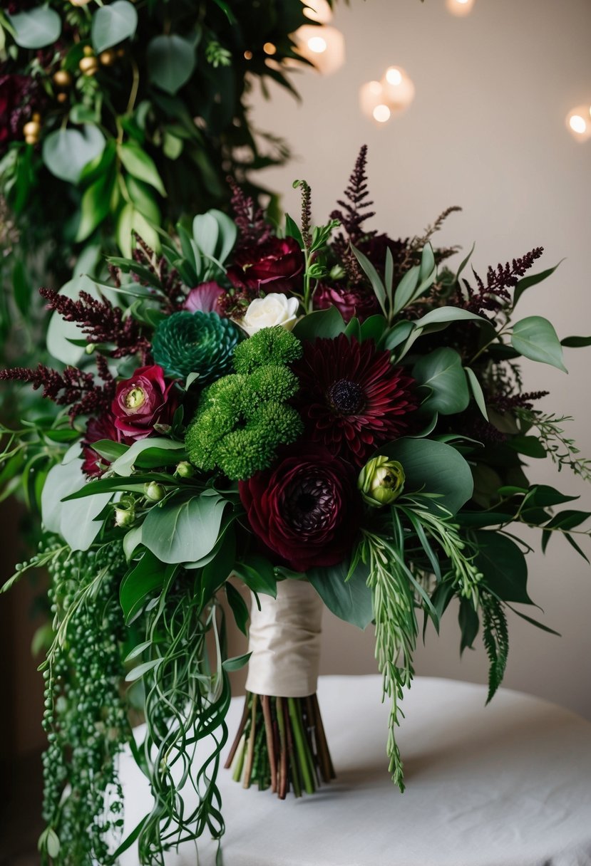 A lush, jewel-toned green and burgundy wedding bouquet with cascading greenery and rich, dark blooms