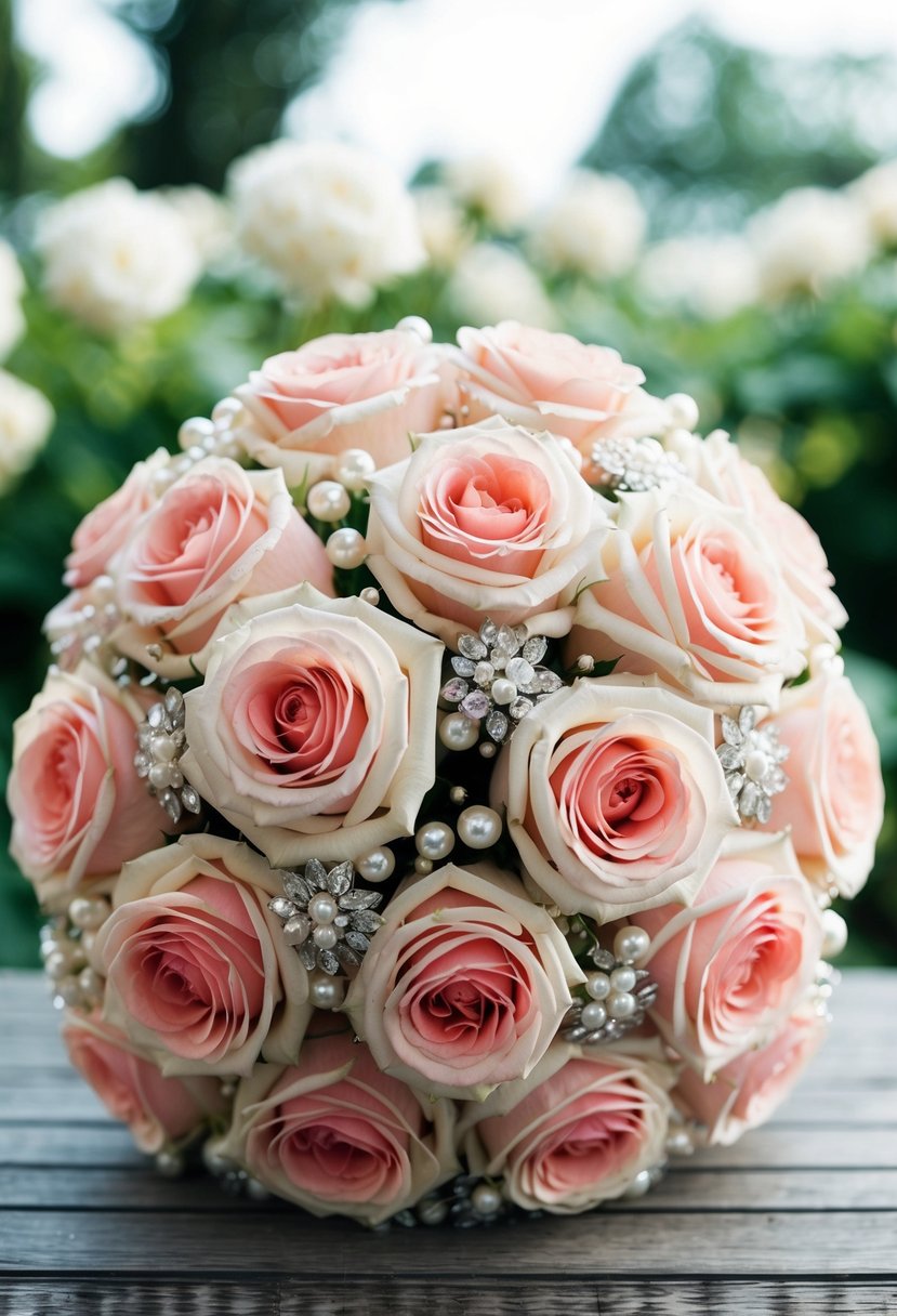 A lavish bouquet of garden roses adorned with pearl embellishments