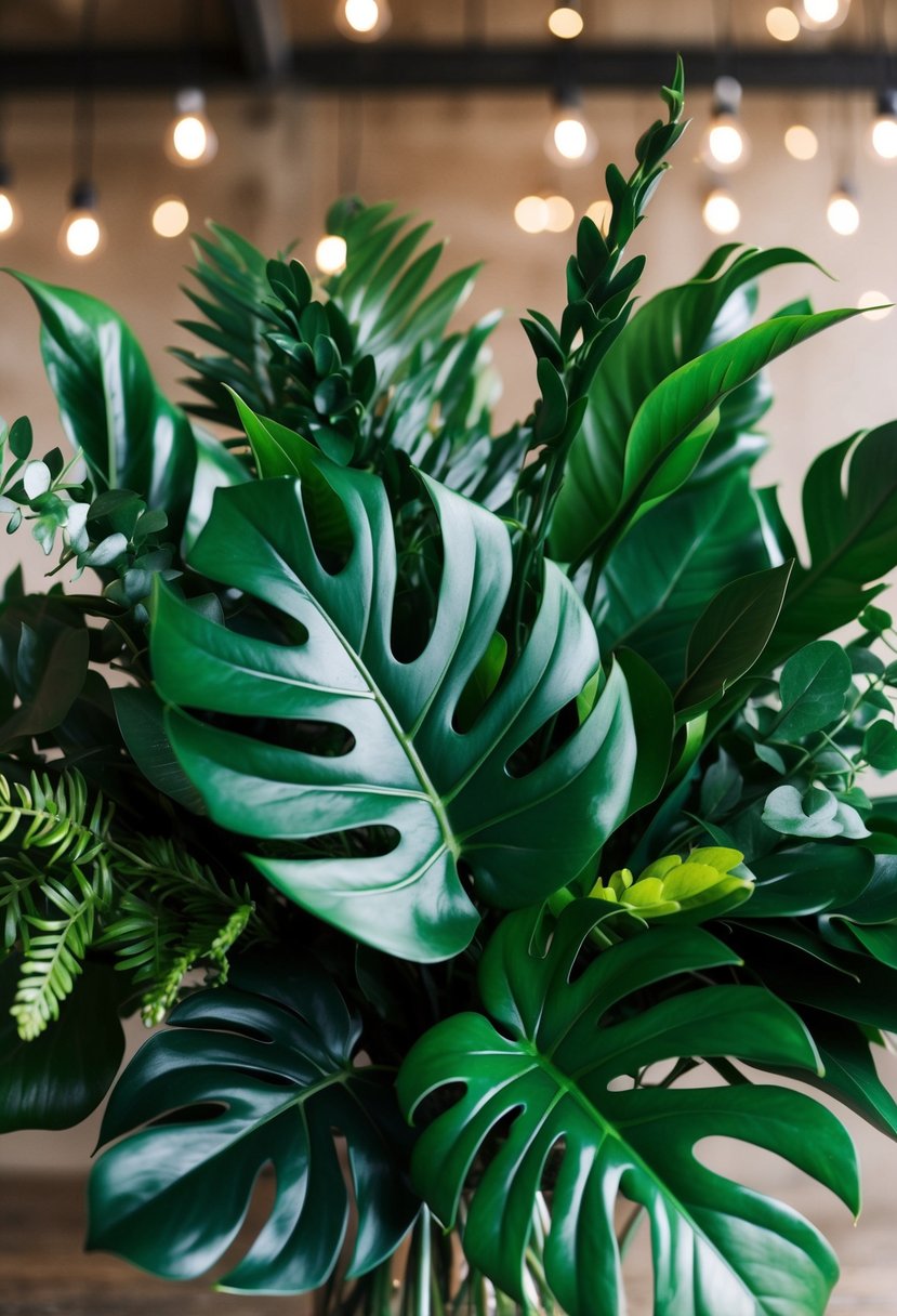 A lush, emerald green bouquet featuring monstera leaves and other dark green foliage