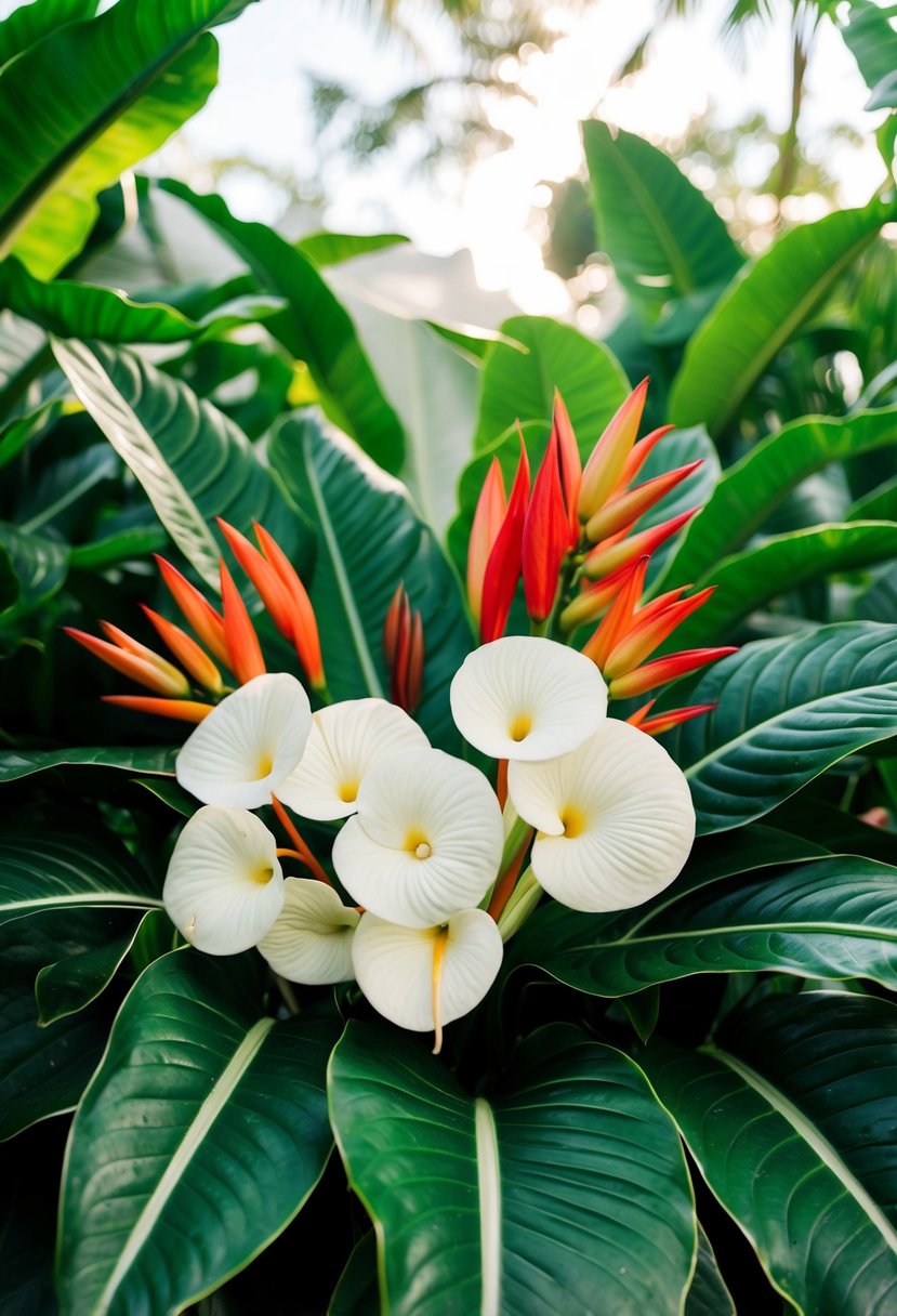 Lush tropical foliage surrounds a stunning bouquet of white anthuriums