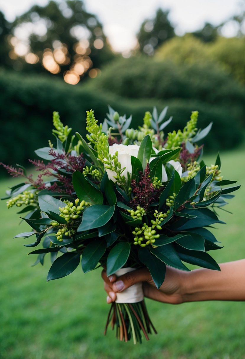 A lush, dark green huck and myrtle wedding bouquet, with delicate foliage and rich, vibrant hues