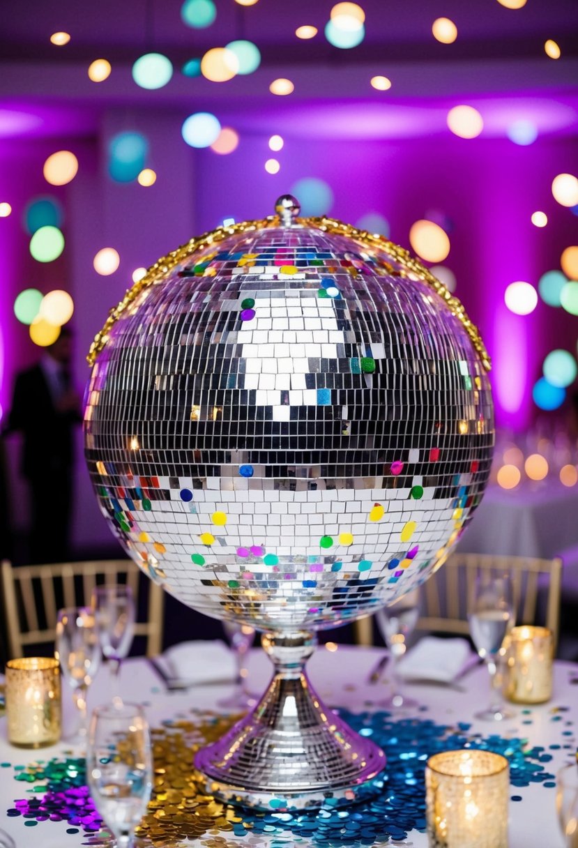 A vibrant disco ball centerpiece surrounded by glittering confetti, colorful LED lights, and shimmering sequins adorning the wedding reception table