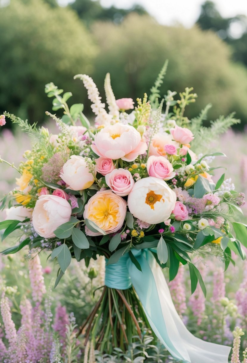 A vibrant, pastel wildflower bouquet bursting with roses, peonies, and delicate greenery, tied with a flowing ribbon