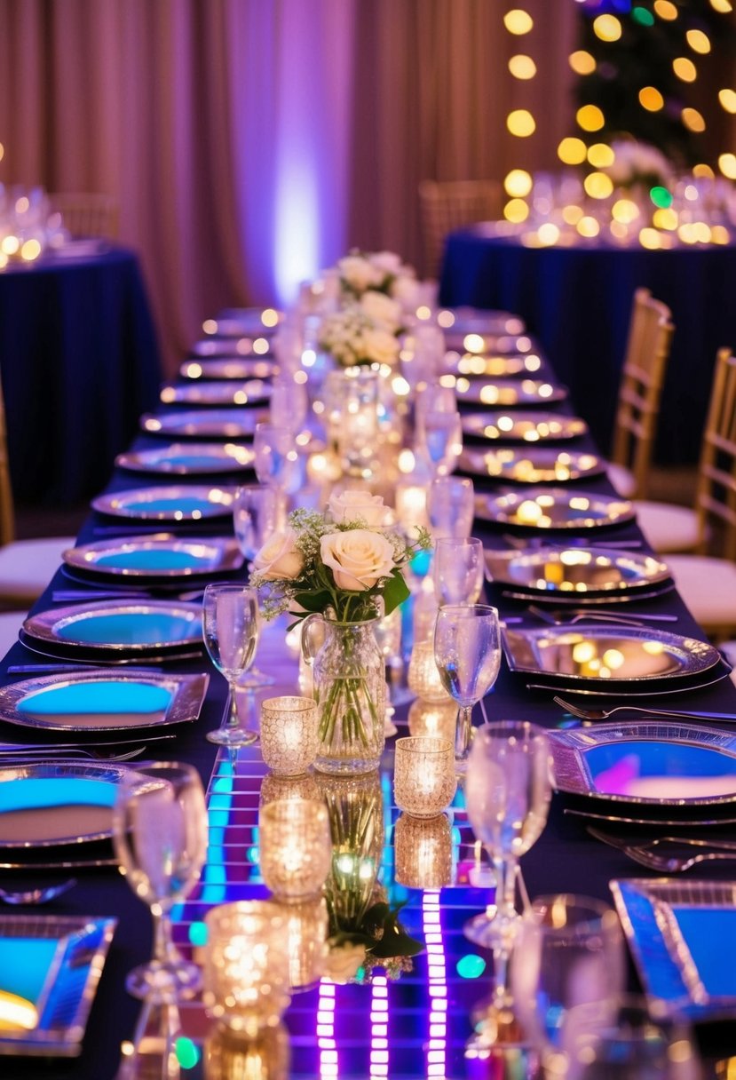 A disco wedding table with mirrored table runners, reflecting colorful lights and sparkling decorations