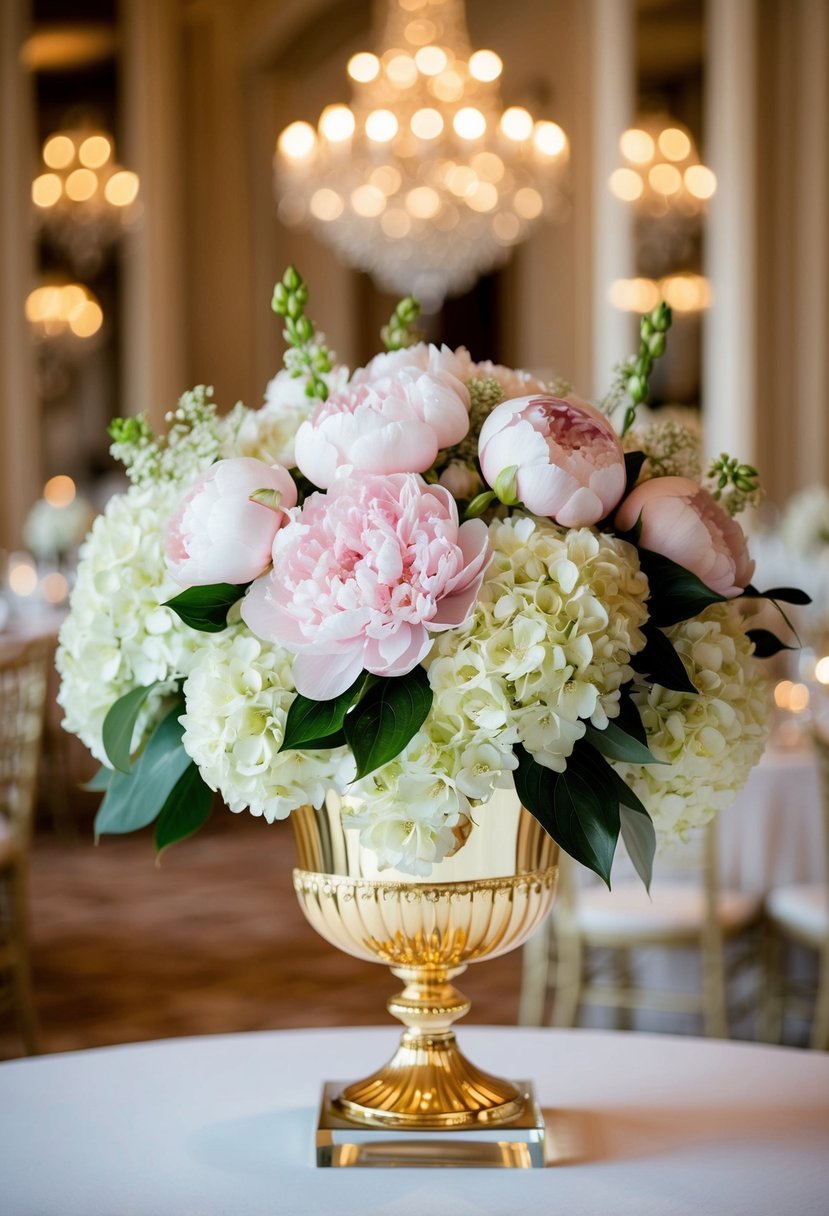 A lavish wedding bouquet with peonies and hydrangeas in a gold-trimmed crystal vase