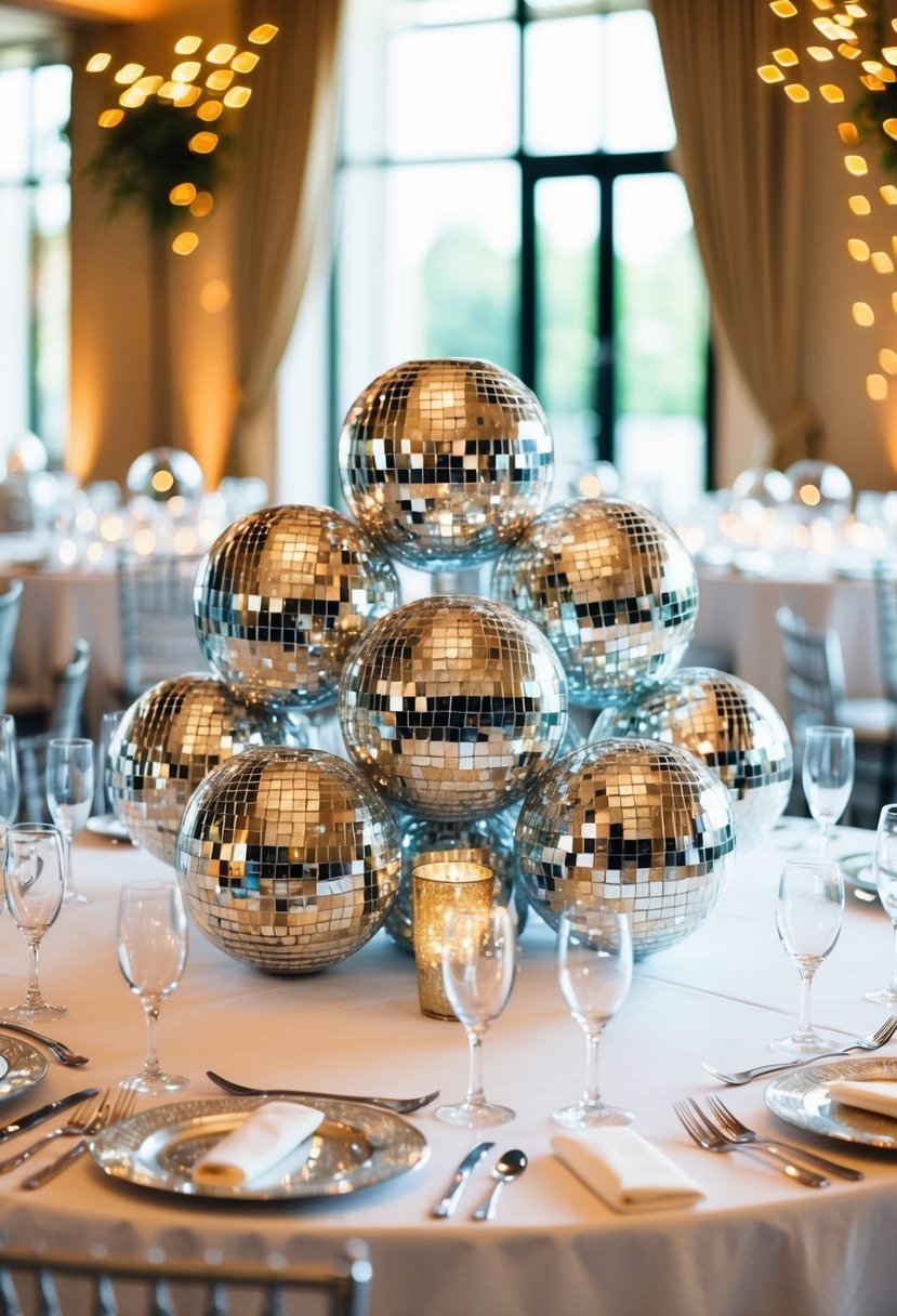 A cluster of glittering disco ball vases adorns the wedding table, casting sparkling reflections across the room