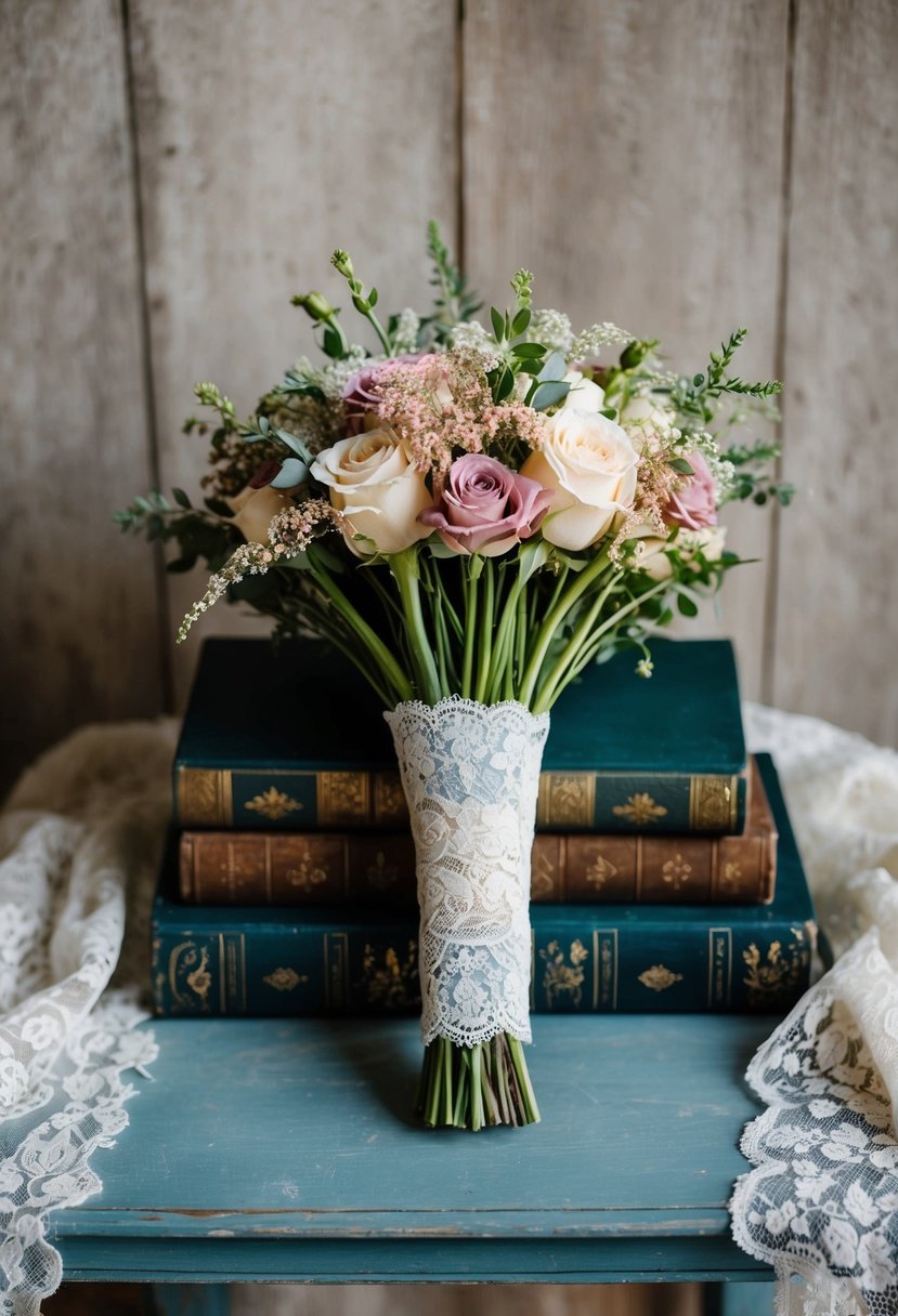 A vintage-inspired bouquet with lace wrap sits atop a weathered wooden table, surrounded by antique books and delicate lace fabric