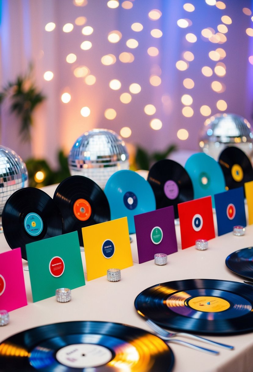 Colorful vinyl record place cards arranged on a disco-themed wedding table, surrounded by glittering disco balls and retro party decorations