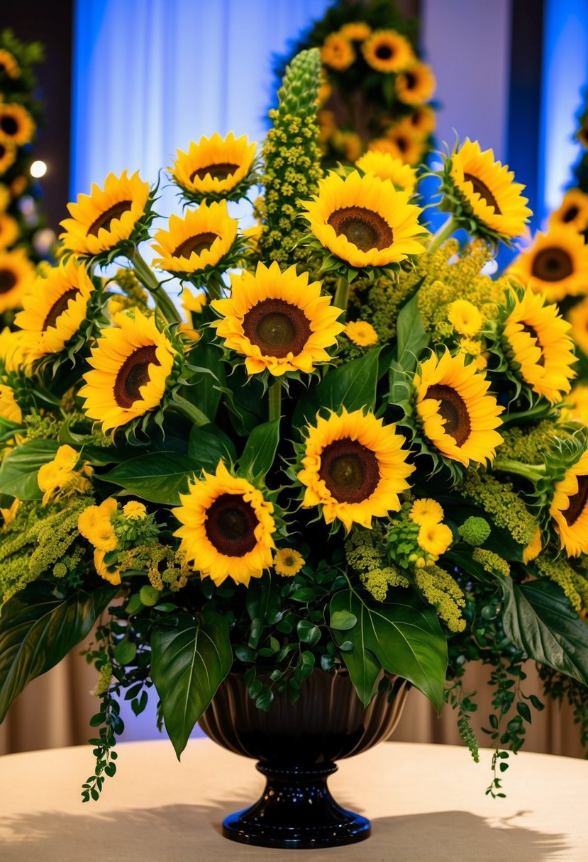 A vibrant bouquet of sunflowers and lush greenery, arranged in an extravagant and eye-catching display