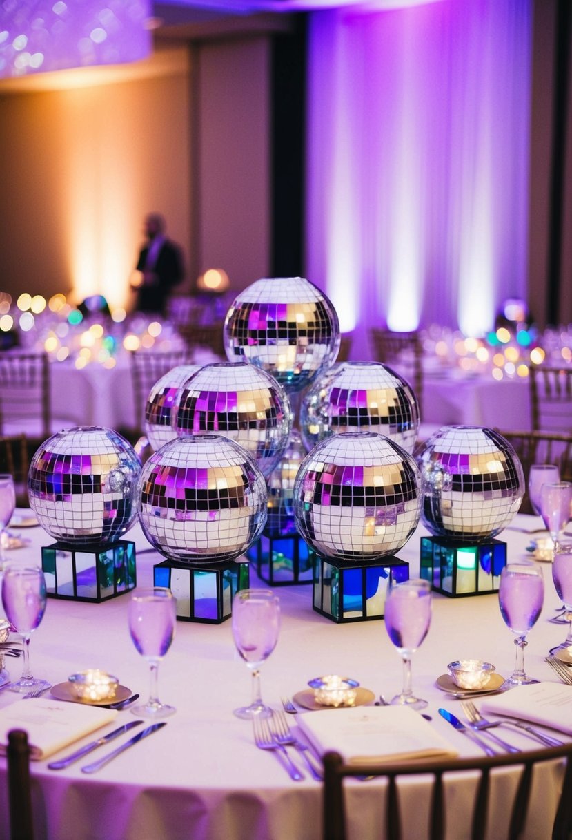 A cluster of mirror ball centerpieces reflect colorful lights at a disco-themed wedding reception