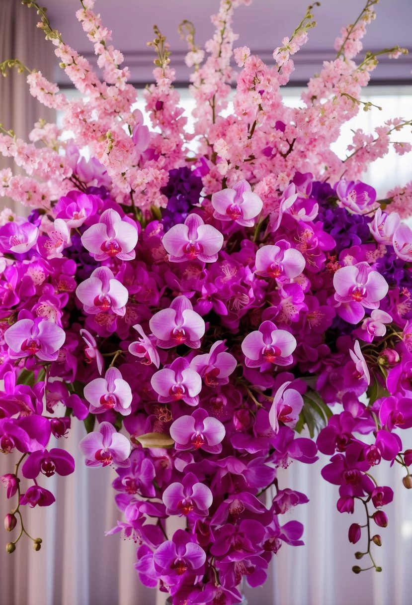 A lavish bouquet bursting with cherry blossoms and orchids, cascading in a stunning fusion of pink and purple hues