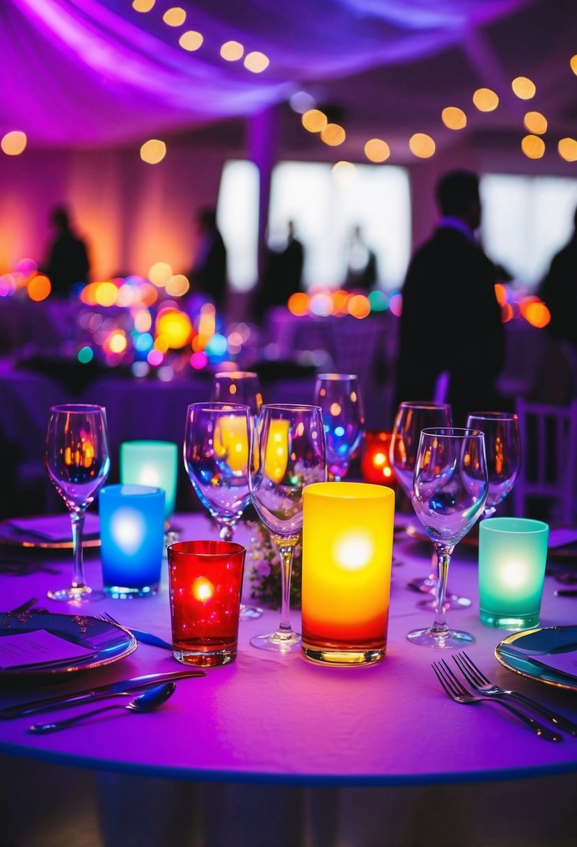 Colorful LED glassware illuminates a wedding table, creating a disco-like atmosphere