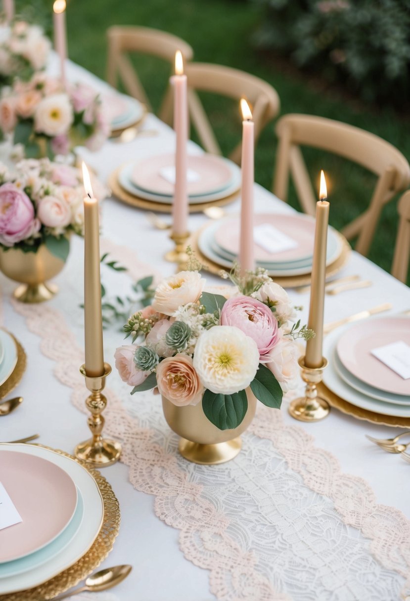 A table set with pastel floral centerpieces, gold candle holders, and delicate lace table runners