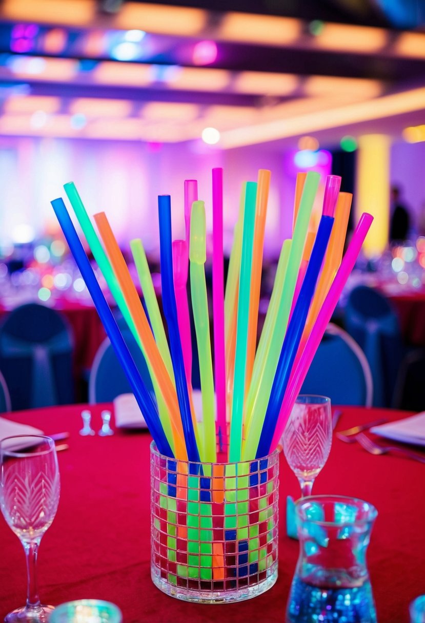 Colorful neon cocktail stirrers arranged in a vibrant disco-themed wedding table centerpiece