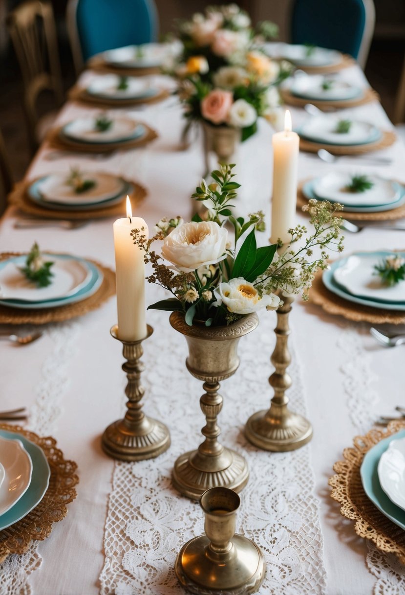 A table set with vintage lace tablecloths, adorned with delicate floral centerpieces and antique candle holders