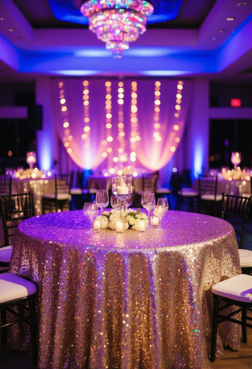 Shimmering sequined tablecloths sparkle under colorful disco lights at a vibrant wedding reception