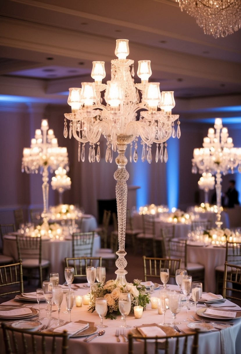 A grand wedding table adorned with crystal candelabras, casting a soft, romantic glow over the elegant setting