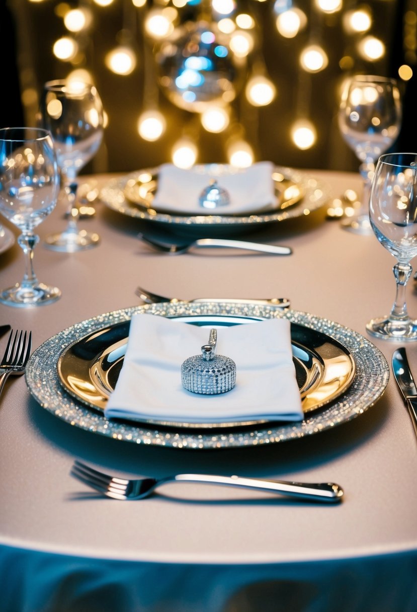 A table set with glitzy gold and silver cutlery, sparkling under disco lights for a glamorous wedding decoration