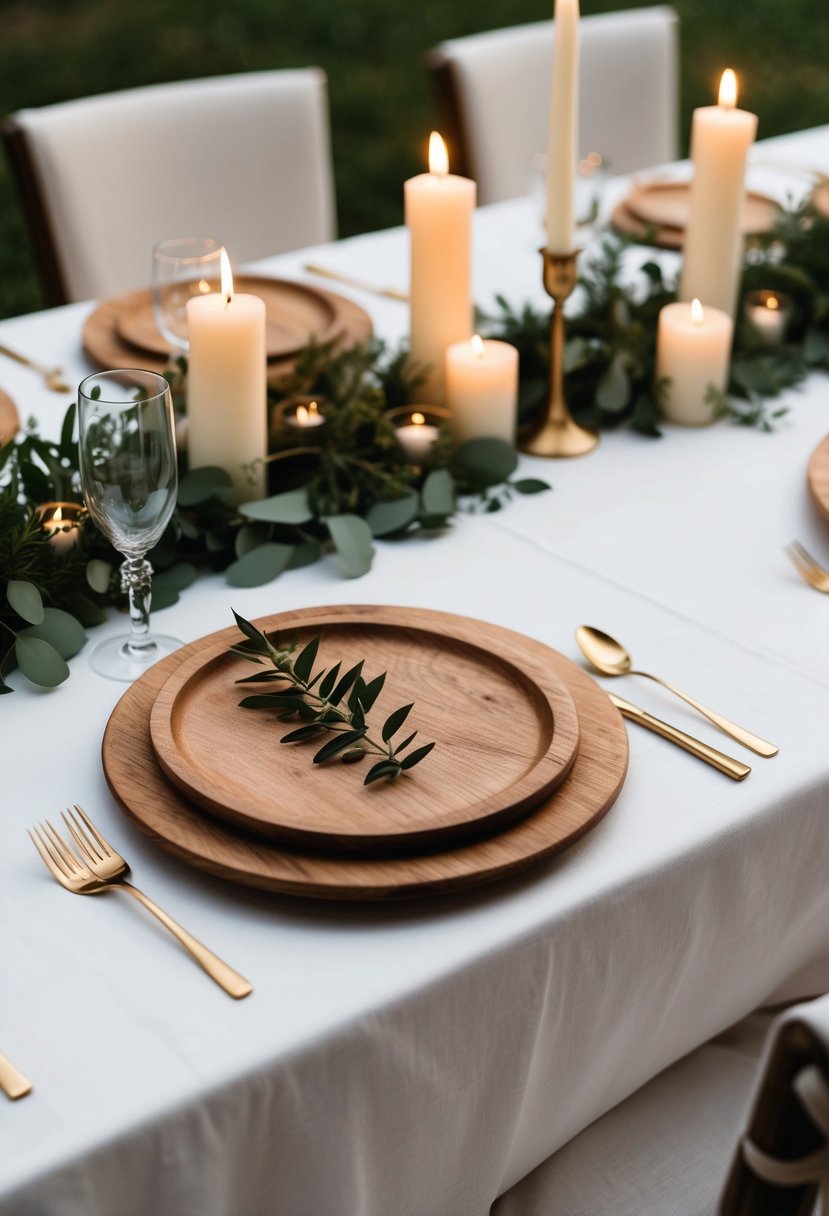 Rustic wooden chargers set on a white linen tablecloth with greenery and candles as wedding table decorations