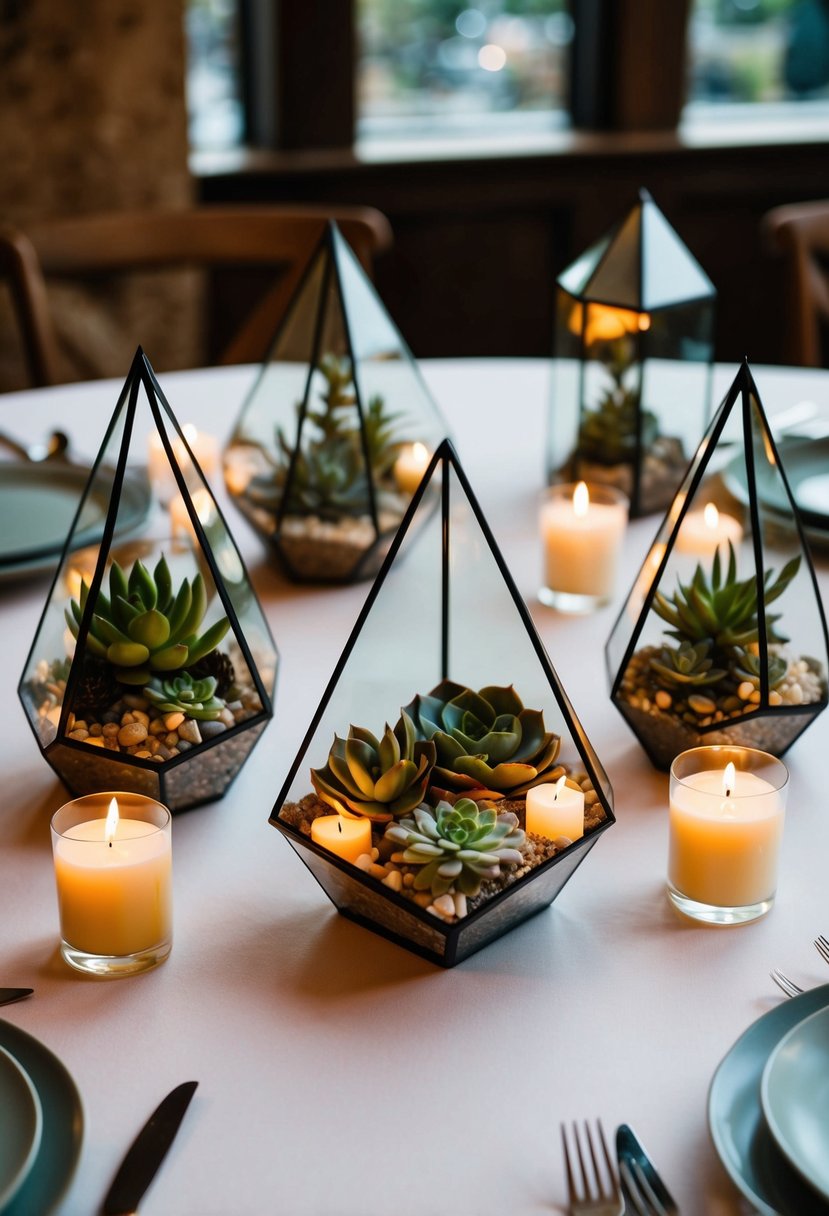 Geometric terrariums arranged on a wedding table with succulents and candles