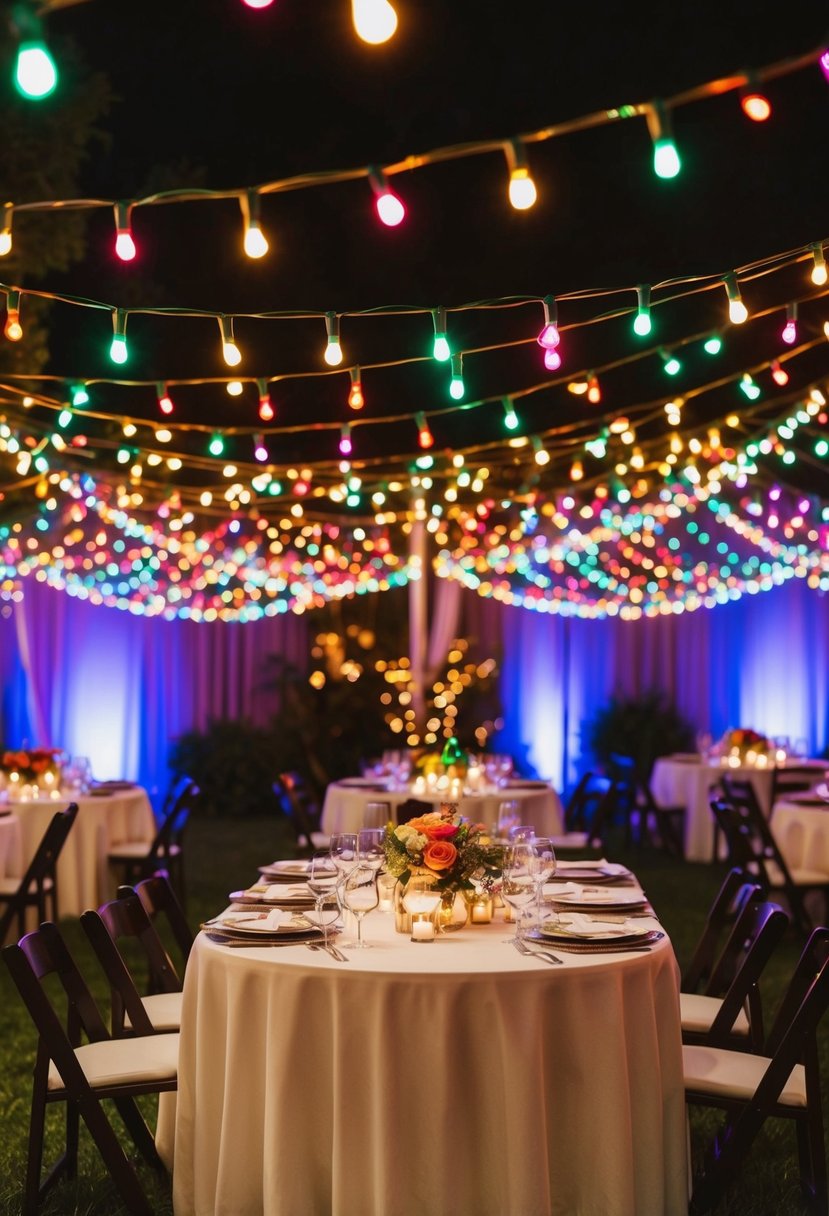 Colorful LED String Lights illuminate a wedding table, creating a vibrant and festive atmosphere