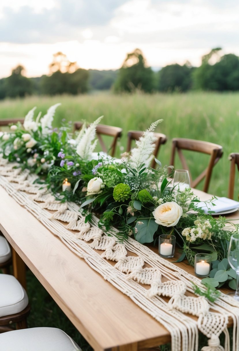 A table set with bohemian macramé runners, adorned with lush greenery and delicate wildflowers, creating a whimsical and romantic wedding aesthetic