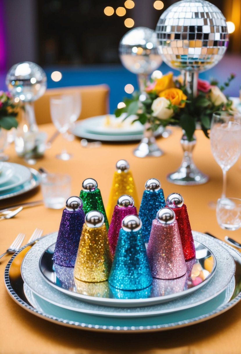 A colorful disco-themed napkin ring display with glitter, sequins, and mirror ball accents on a festive wedding table