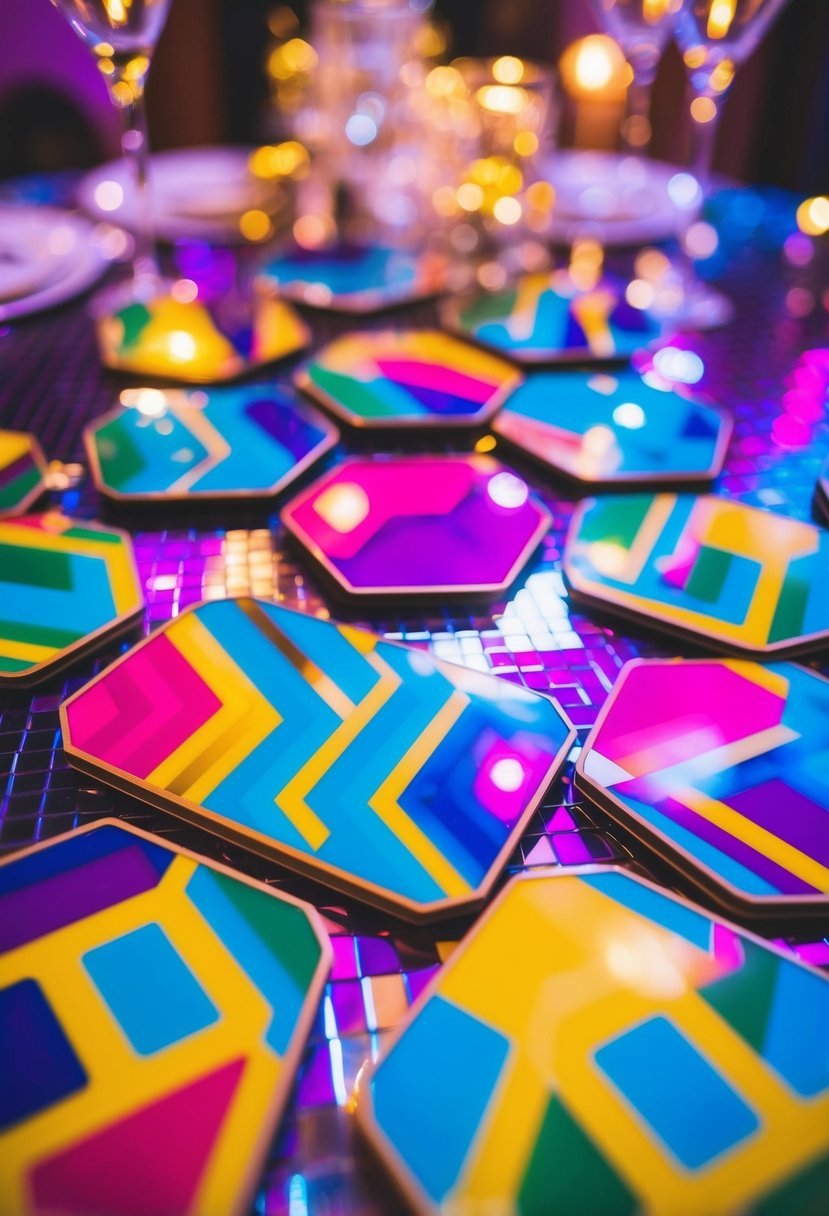 Colorful retro coasters arranged in a geometric pattern on a disco-themed wedding table, reflecting the vibrant lights and adding a personalized touch to the decor