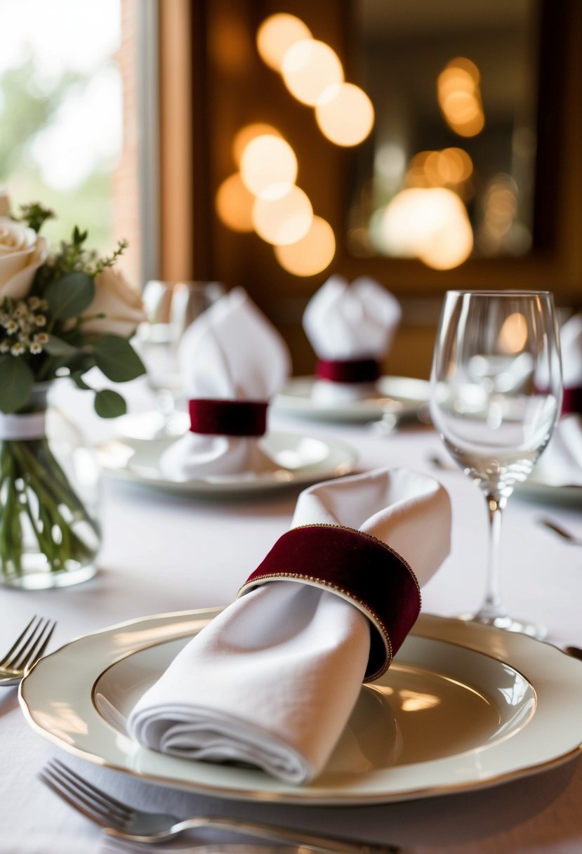 A table set with elegant velvet napkin rings in a romantic wedding setting