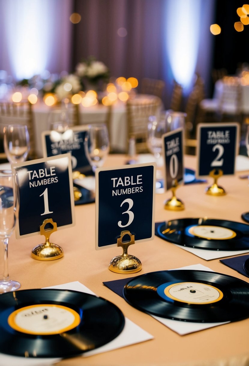 A set of vintage vinyl records arranged as table numbers at a disco-themed wedding reception