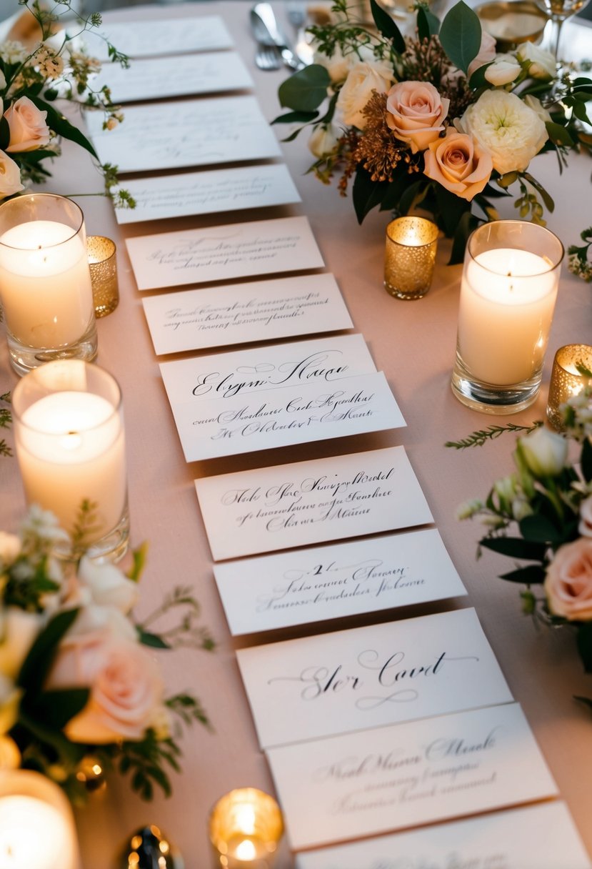 Elegant escort cards arranged on a table with delicate calligraphy and decorative details, surrounded by floral centerpieces and soft candlelight